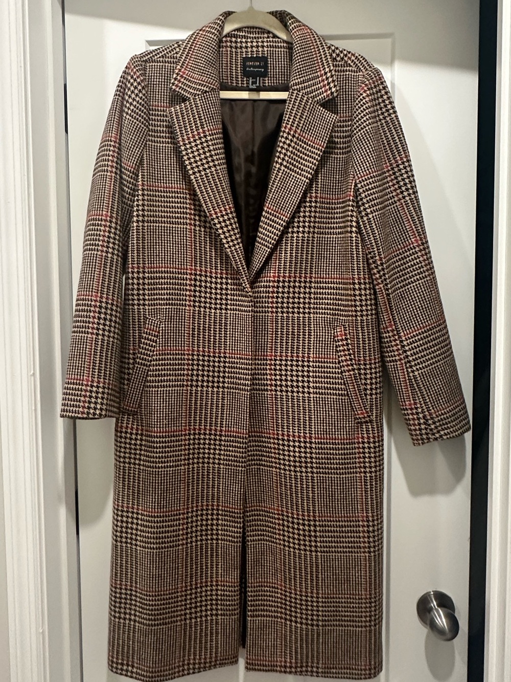 Forever 21 Plaid Long Coat in Brown and Red Accents